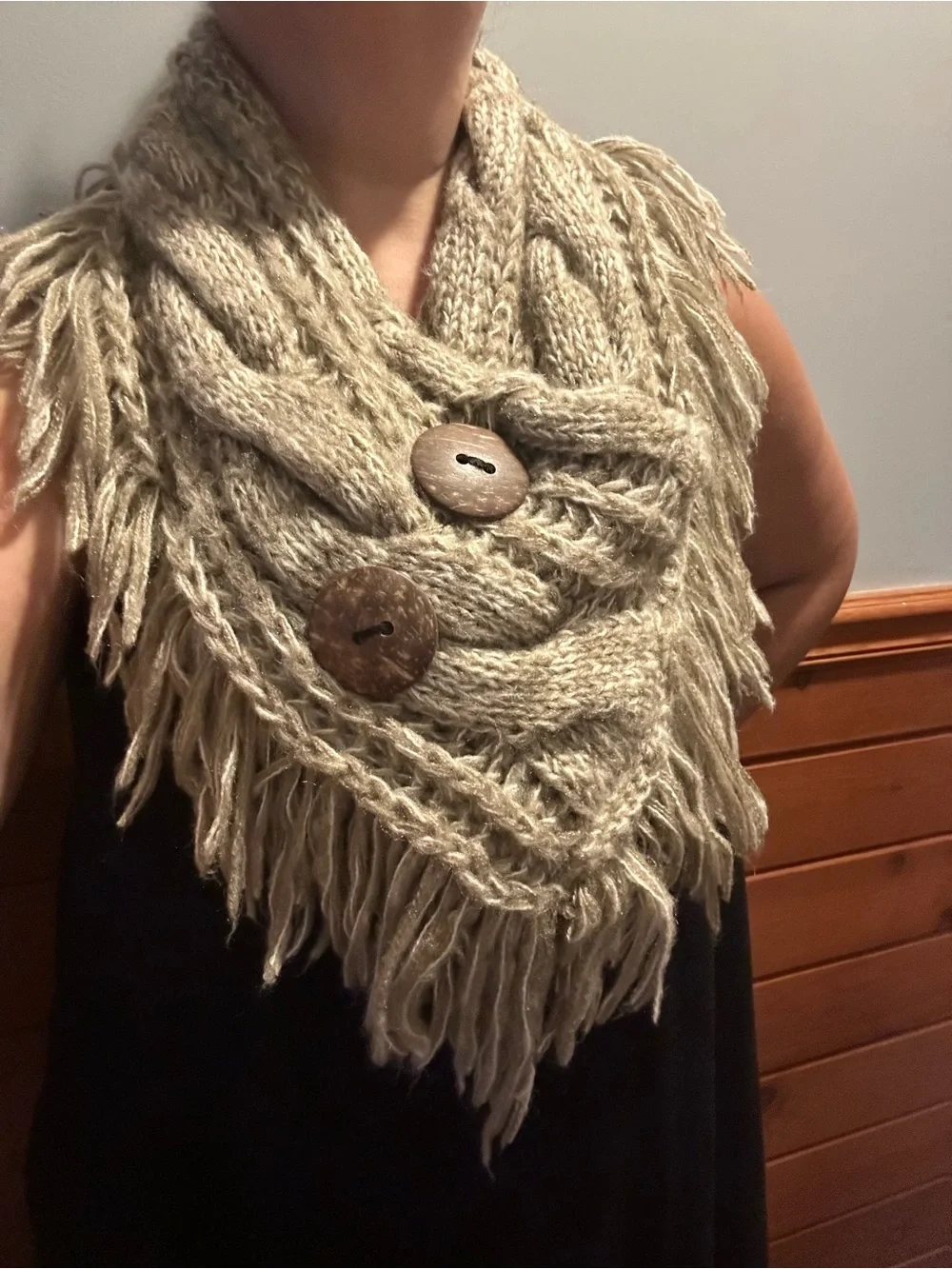 Fringe cowl neck knit scarf